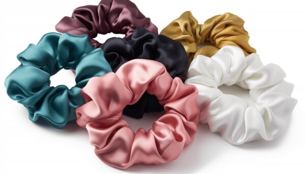 Scrunchies in various colors and patterns, a trendy hair accessory.